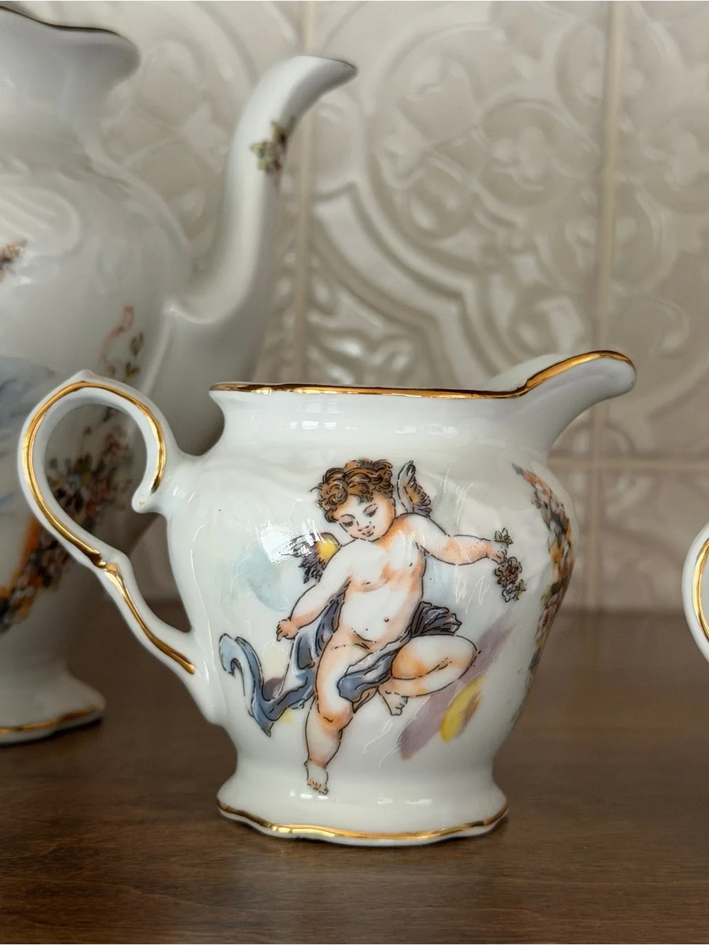 Porcelain Cherub Tea Set - White with Gold Trim